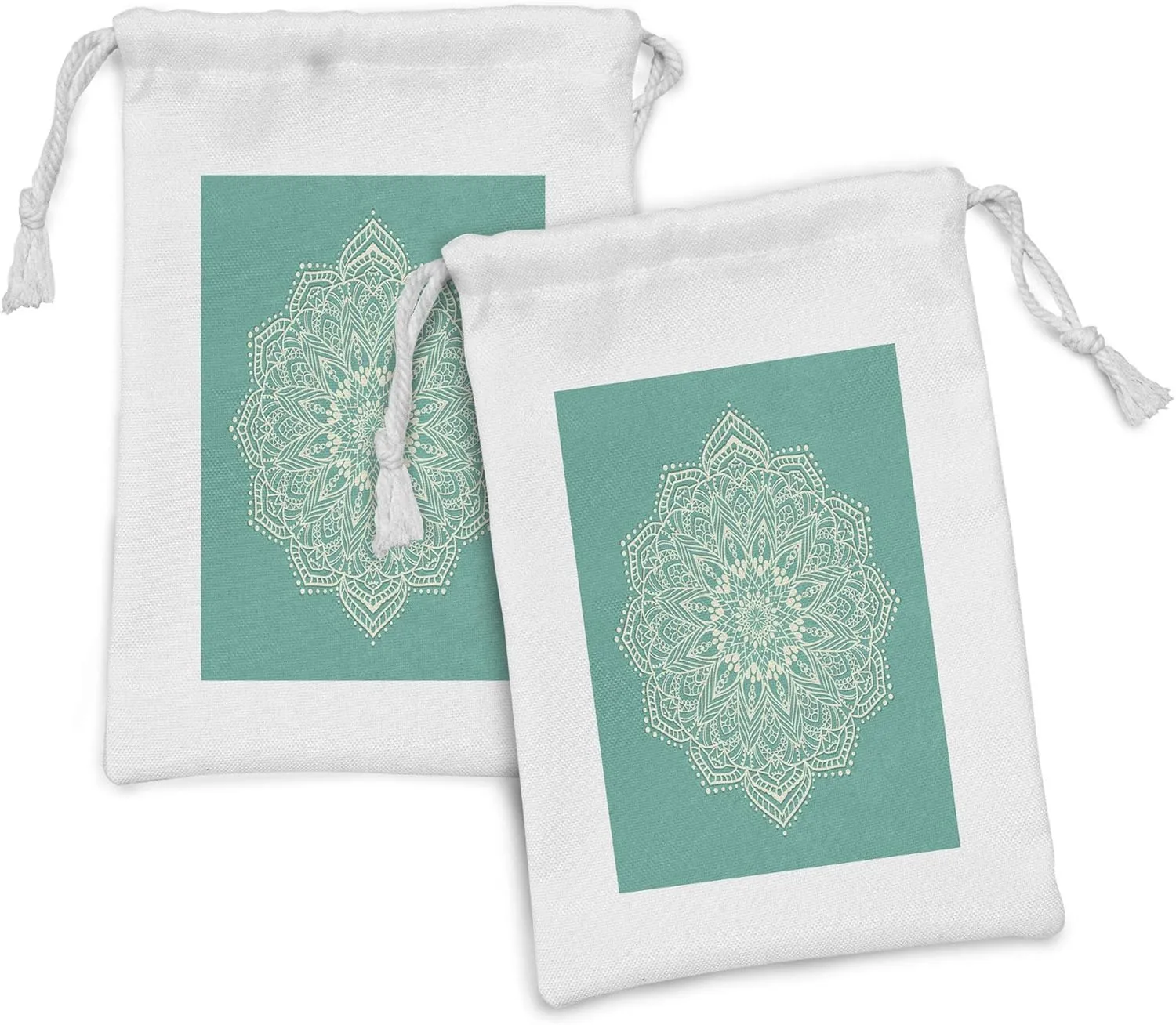 Lunarable Mandala Fabric Pouch Set of 2, Eastern Microcosm Chart with Floral Center Point Space Yantra Yoga Image Print, Small Drawstring Bag for Toiletries Masks and Favors, 9" x 6", Teal Beige
