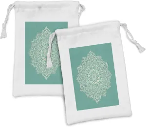 Lunarable Mandala Fabric Pouch Set of 2, Eastern Microcosm Chart with Floral Center Point Space Yantra Yoga Image Print, Small Drawstring Bag for Toiletries Masks and Favors, 9" x 6", Teal Beige