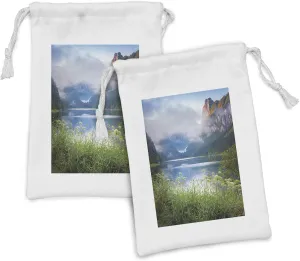 Lunarable Nature Fabric Pouch Set of 2, Alps Mountain Foggy Lake in Floral Meadow Adventure Pastoral Climbing Picture, Small Drawstring Bag for Toiletries Masks and Favors, 9" x 6", Blue Fern Green