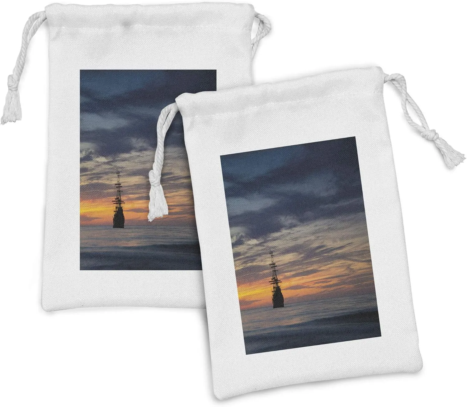 Lunarable Nautical Fabric Pouch Set of 2, Big Ship on the Ocean at Sunset Dramatic Sky Mystic Journey Dawn Sea Picture, Small Drawstring Bag for Toiletries Masks and Favors, 9" x 6", Dark Blue Orange