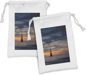 Lunarable Nautical Fabric Pouch Set of 2, Big Ship on the Ocean at Sunset Dramatic Sky Mystic Journey Dawn Sea Picture, Small Drawstring Bag for Toiletries Masks and Favors, 9" x 6", Dark Blue Orange