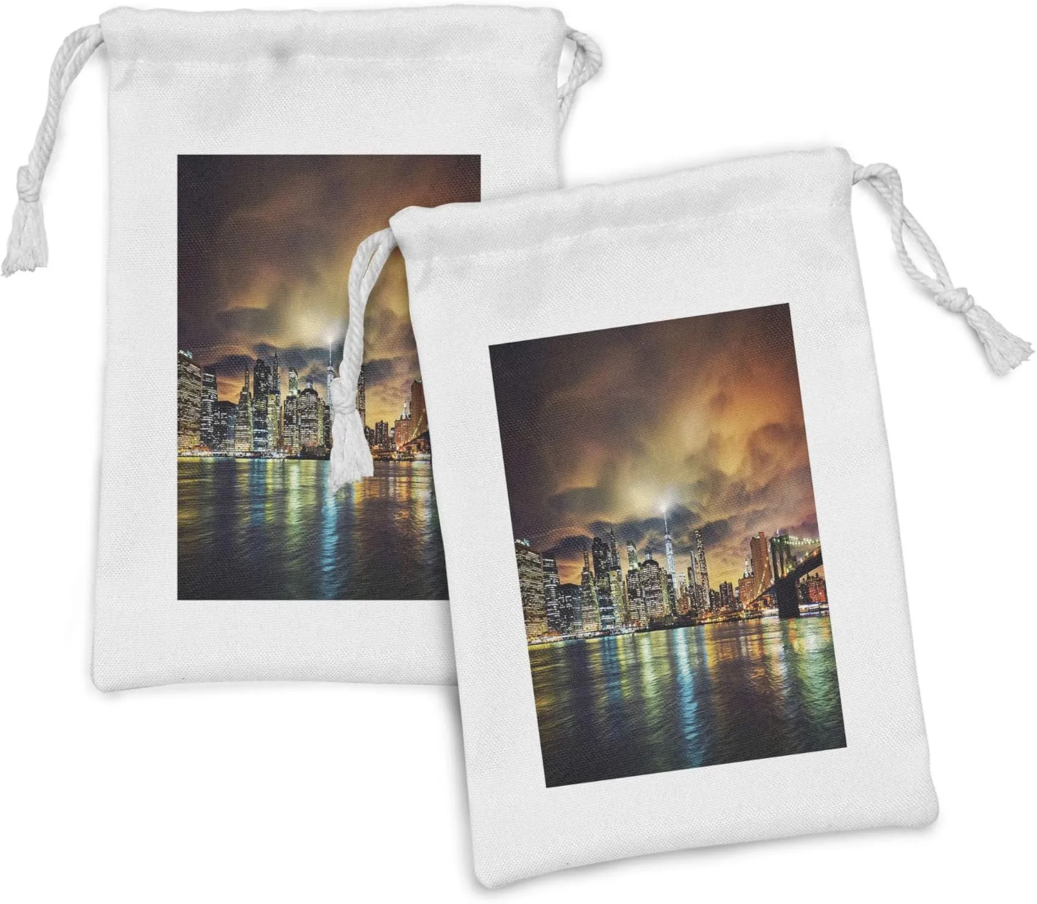 Lunarable NYC Fabric Pouch Set of 2, View of Manhattan at Sunset with Dramatic Sky Dark Clouds Evening Picture Architecture, Small Drawstring Bag for Toiletries Masks and Favors, 9" x 6", Multicolor
