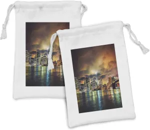 Lunarable NYC Fabric Pouch Set of 2, View of Manhattan at Sunset with Dramatic Sky Dark Clouds Evening Picture Architecture, Small Drawstring Bag for Toiletries Masks and Favors, 9" x 6", Multicolor
