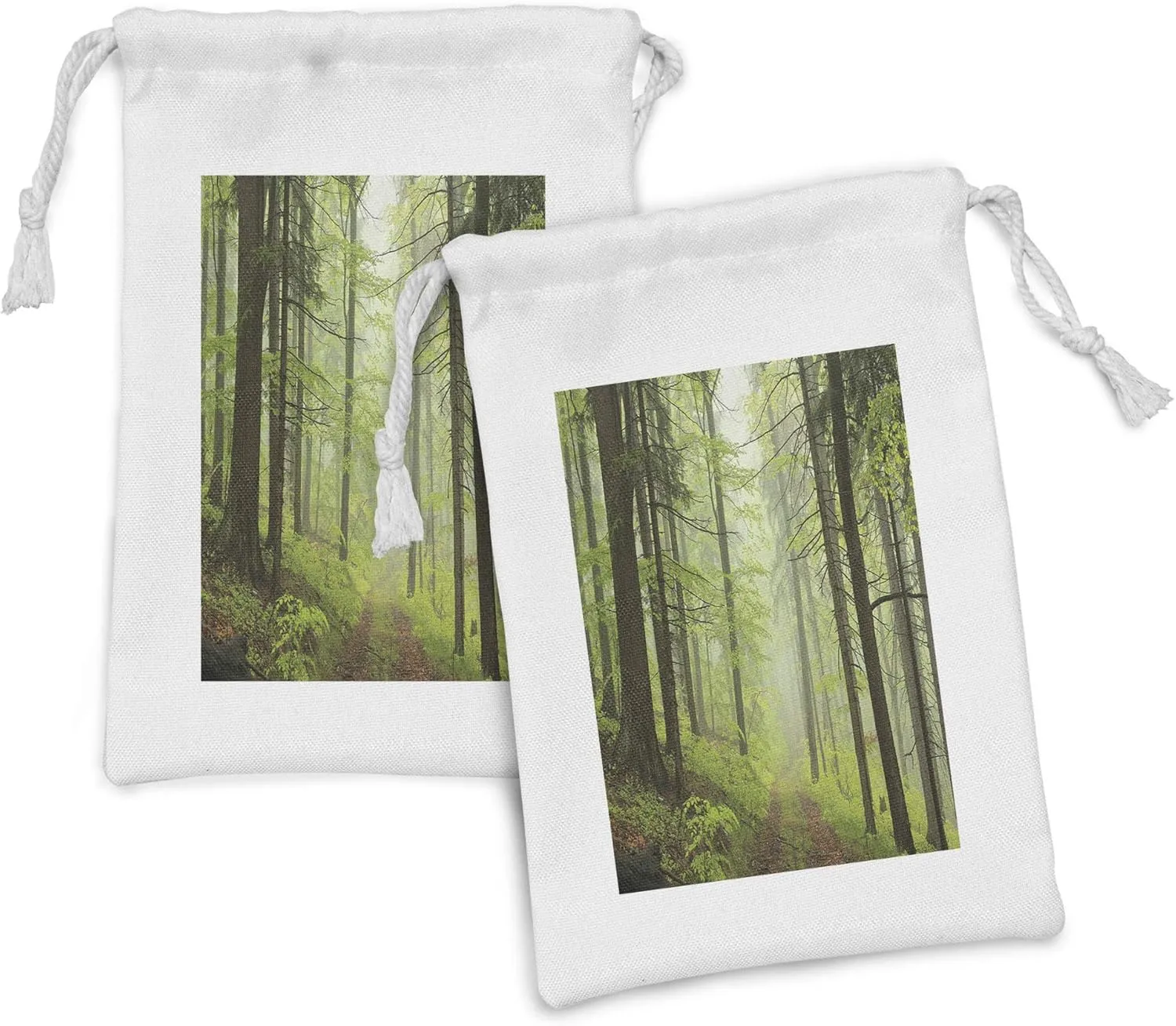 Lunarable Outdoor Fabric Pouch Set of 2, Trail Trough Foggy Alders Beeches Oaks Coniferous Grove Hiking Theme, Small Drawstring Bag for Toiletries Masks and Favors, 9" x 6", Pale Green Pale Yellow