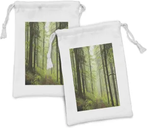 Lunarable Outdoor Fabric Pouch Set of 2, Trail Trough Foggy Alders Beeches Oaks Coniferous Grove Hiking Theme, Small Drawstring Bag for Toiletries Masks and Favors, 9" x 6", Pale Green Pale Yellow