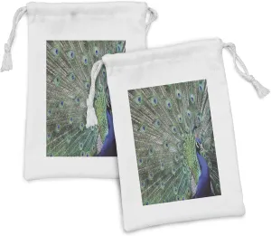 Lunarable Peacock Fabric Pouch Set of 2, Peacock Displaying Elongated Majestic Feathers Open Wings Picture, Small Drawstring Bag for Toiletries Masks and Favors, 9" x 6", Pale Brown Navy Blue