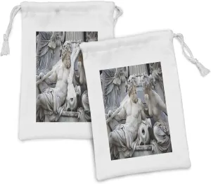 Lunarable Retro Fabric Pouch Set of 2, Male Female Athena Fountain and Building of Austrian Parliament, Small Drawstring Bag for Toiletries Masks and Favors, 9" x 6", White Cream Black