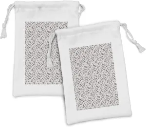 Lunarable Rose Fabric Pouch Set of 2, Vintage Themed Hand Drawn Outline Flower with Peduncle and Leaves, Small Drawstring Bag for Toiletries Masks and Favors, 9" x 6", Eggshell and Charcoal Grey