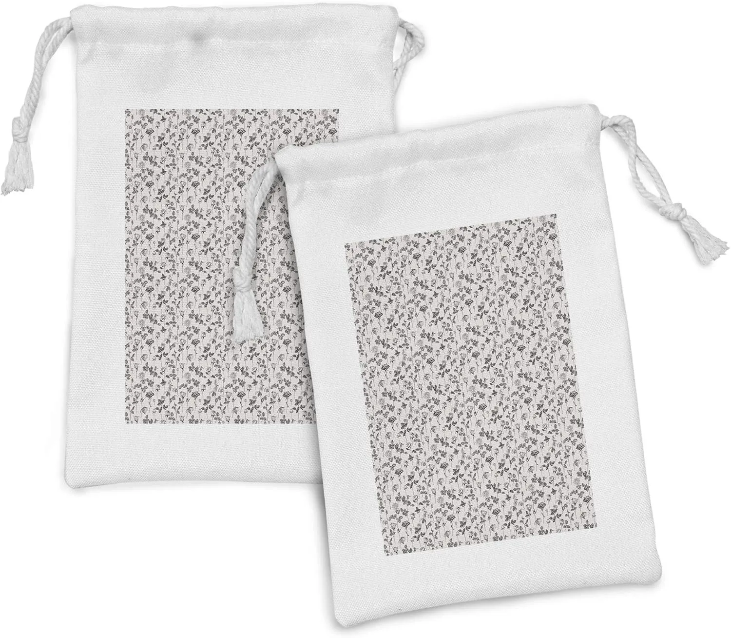 Lunarable Rose Fabric Pouch Set of 2, Vintage Themed Hand Drawn Outline Flower with Peduncle and Leaves, Small Drawstring Bag for Toiletries Masks and Favors, 9" x 6", Eggshell and Charcoal Grey