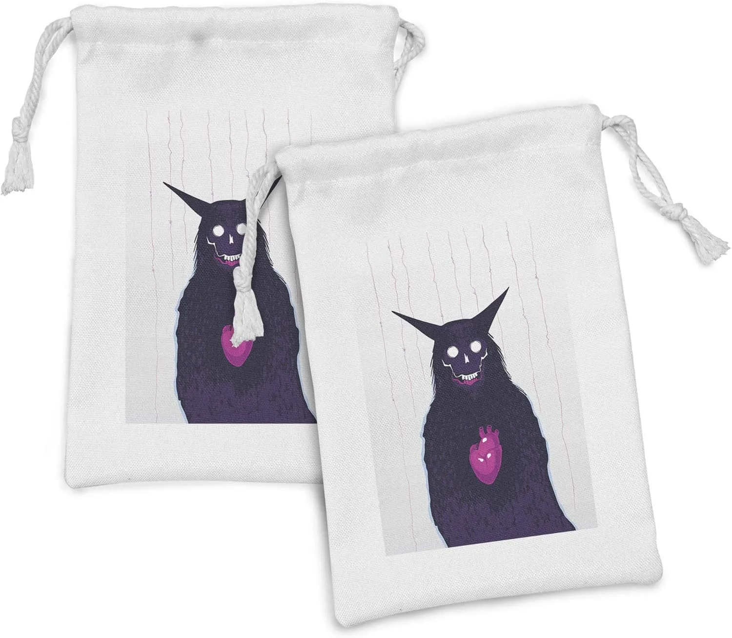 Lunarable Scary Fabric Pouch Set of 2, Spooky Nightmare Creature with Human Heart, Small Drawstring Bag for Toiletries Masks and Favors, 9" x 6", Magenta Quartz
