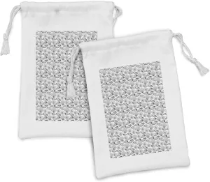 Lunarable Seashells Fabric Pouch Set of 2, Monochrome Auger Button and Scallop Varieties of Ocean Wildlife Elements, Small Drawstring Bag for Toiletries Masks and Favors, 9" x 6", Black and White