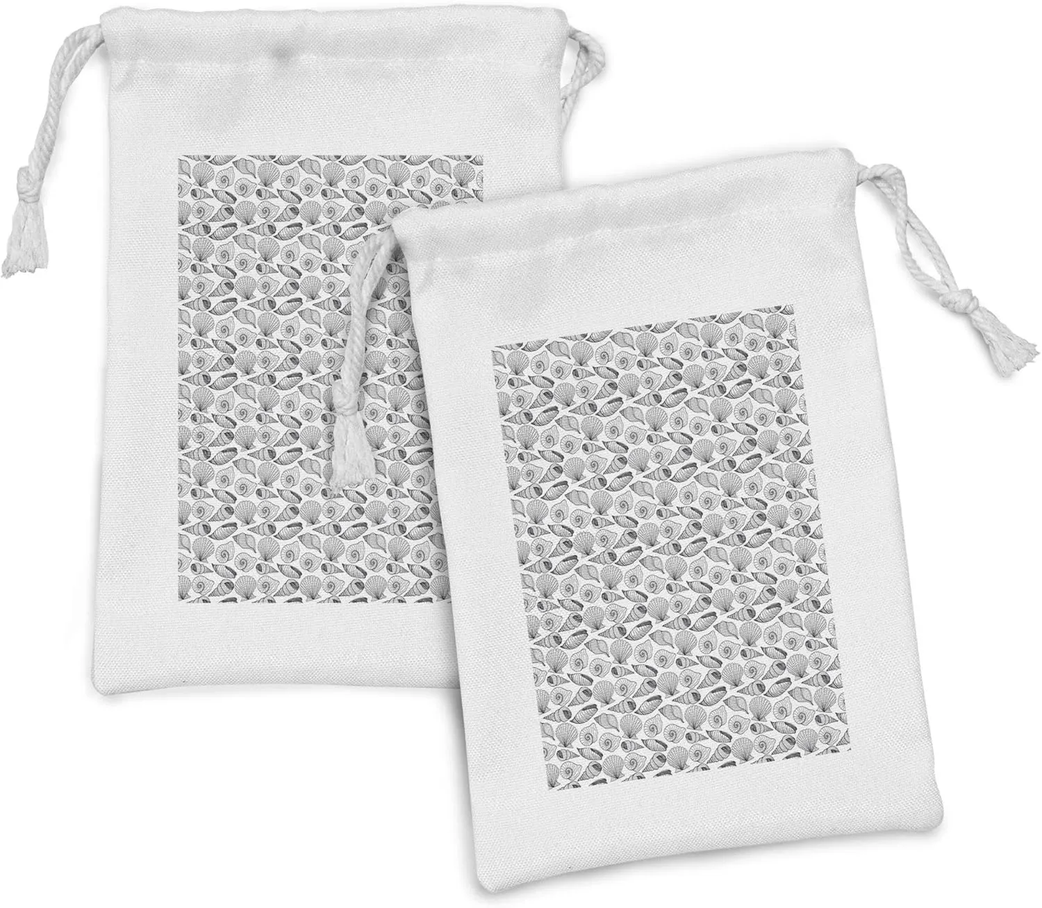 Lunarable Seashells Fabric Pouch Set of 2, Monochrome Auger Button and Scallop Varieties of Ocean Wildlife Elements, Small Drawstring Bag for Toiletries Masks and Favors, 9" x 6", Black and White