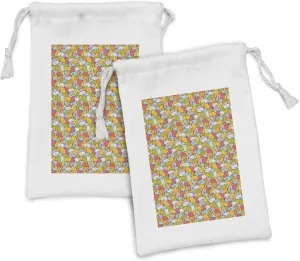 Lunarable Sketch Fabric Pouch Set of 2, Disorder with Colorful Birds Happiness and Fun Cartoon Style, Small Drawstring Bag for Toiletries Masks and Favors, 9" x 6", Multicolor