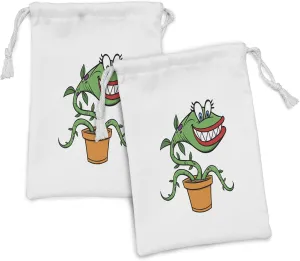 Lunarable Venus Fabric Pouch Set of 2, Abstract Carnivorous Botanic Plant in Pot Female Cartoon Character Artwork, Small Drawstring Bag for Toiletries Masks and Favors, 9" x 6", Fern Green Marigold