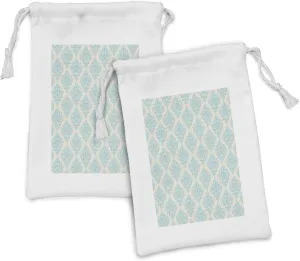 Lunarable Vintage Fabric Pouch Set of 2, Abstract Print of Renaissance Design Medieval Ornaments, Small Drawstring Bag for Toiletries Masks and Favors, 9" x 6", Eggshell Pale Sky Blue