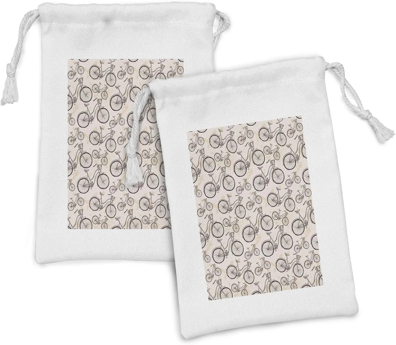 Lunarable Vintage Fabric Pouch Set of 2, Grunge Style Old Bicycles Hand Drawn on Paint Blots Strokes, Small Drawstring Bag for Toiletries Masks and Favors, 9" x 6", Pale Eggshell Dark Brown