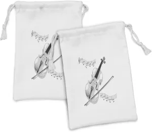 Lunarable Violin Fabric Pouch Set of 2, Symphony Classical High Art Music Instrument Performing Cello Orchestra Print, Small Drawstring Bag for Toiletries Masks and Favors, 9" x 6", Black and White