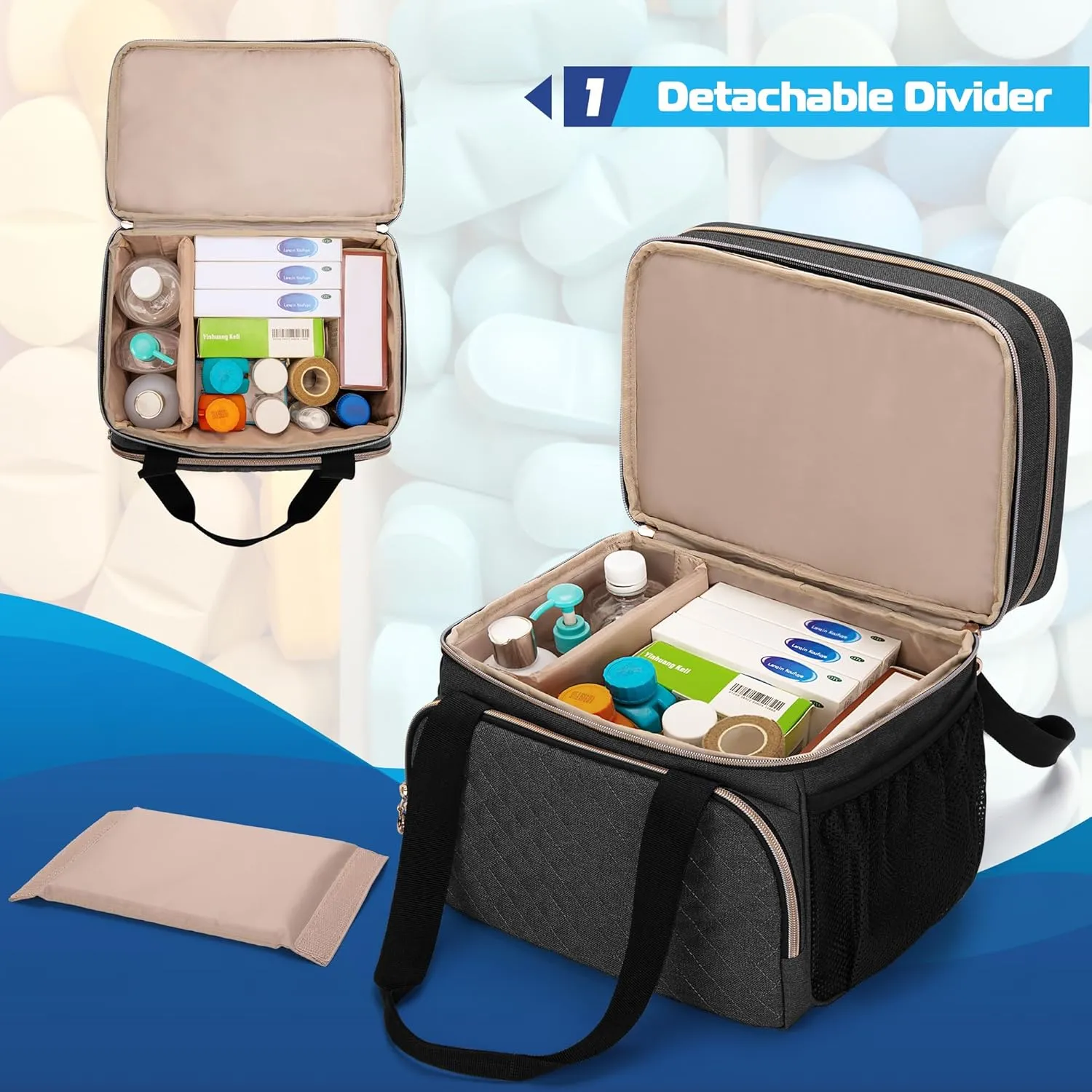 LUXJA Double Layer Medicine Bag with Detachable Divider, Pill Bottle Organizer with Handle Straps (Suitable for Travel or Home), Black