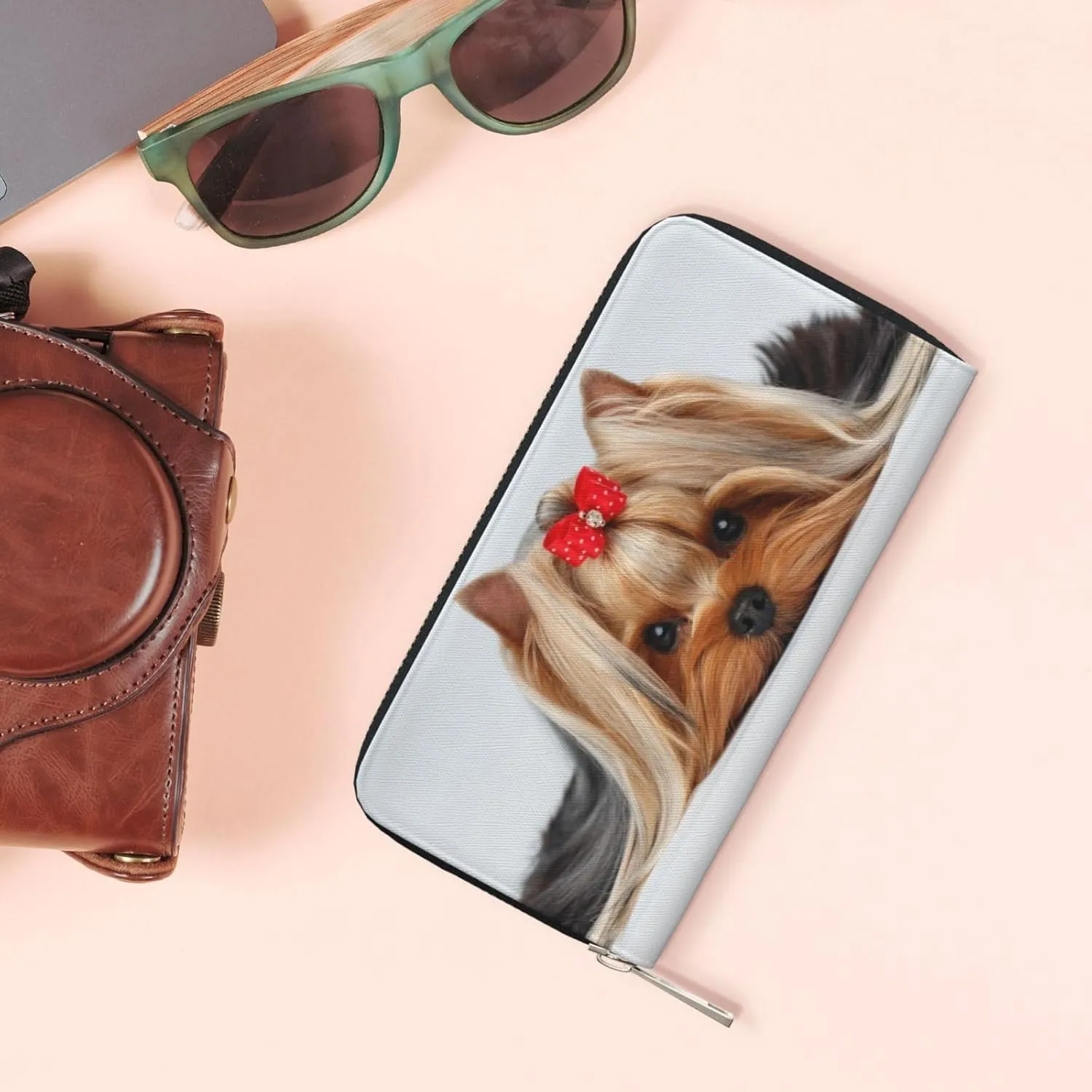 Lying Yorkshire Terrier With Cute Ribbon Yorkie Love Portrait Of A Dog Wallet for Men Women Elegant Long Clutch Zip Around Travel Leather Coin Purse Large Capacity Credit Card Holder Handbag