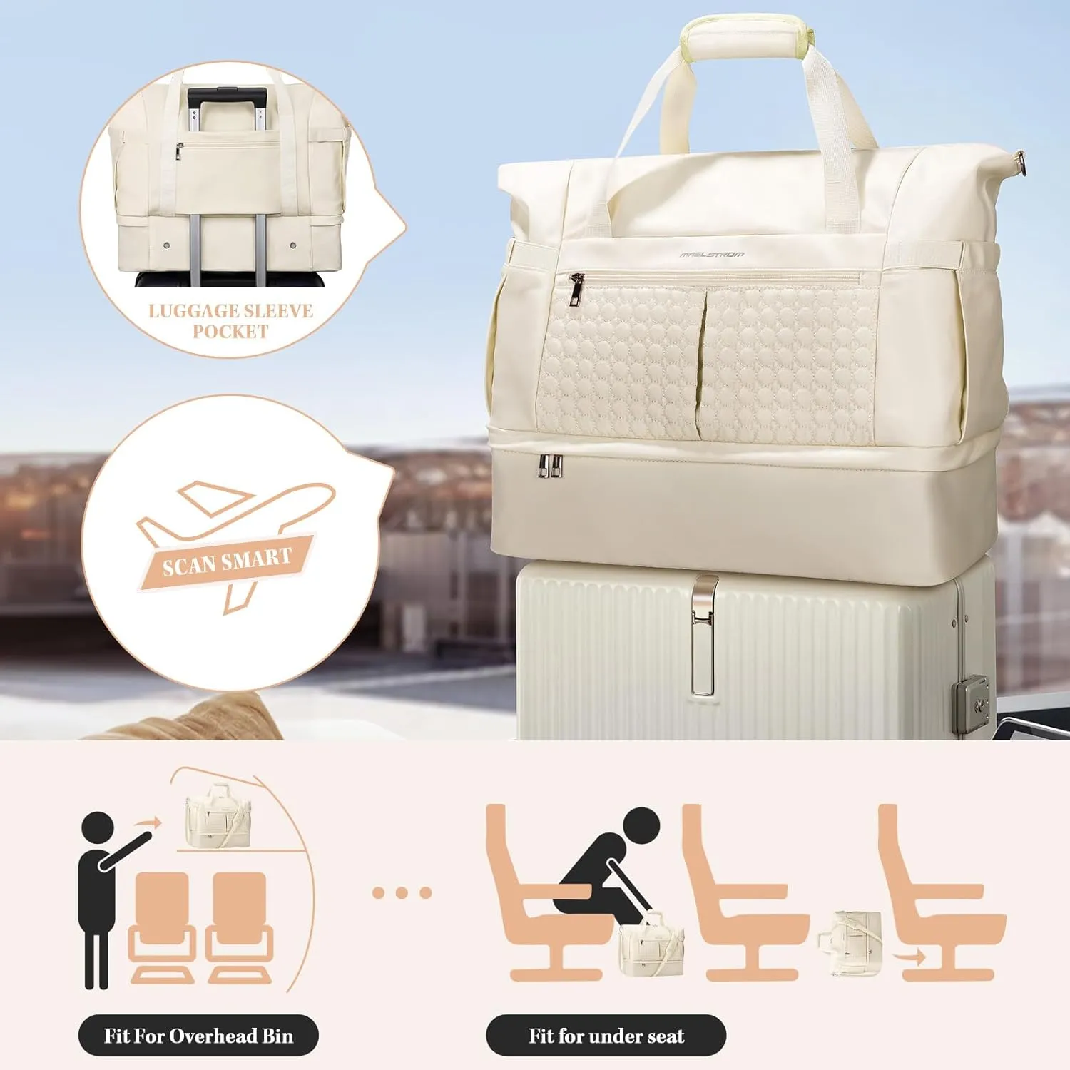 Maelstrom Gym Bag for Women,40L Travel Duffel Bag with Shoes Compartment and Wet Pocket,Waterproof Carry On Weekender Bag,Sport Gym Tote Bags Swimming Yoga, Hospital Holdalls-Beige