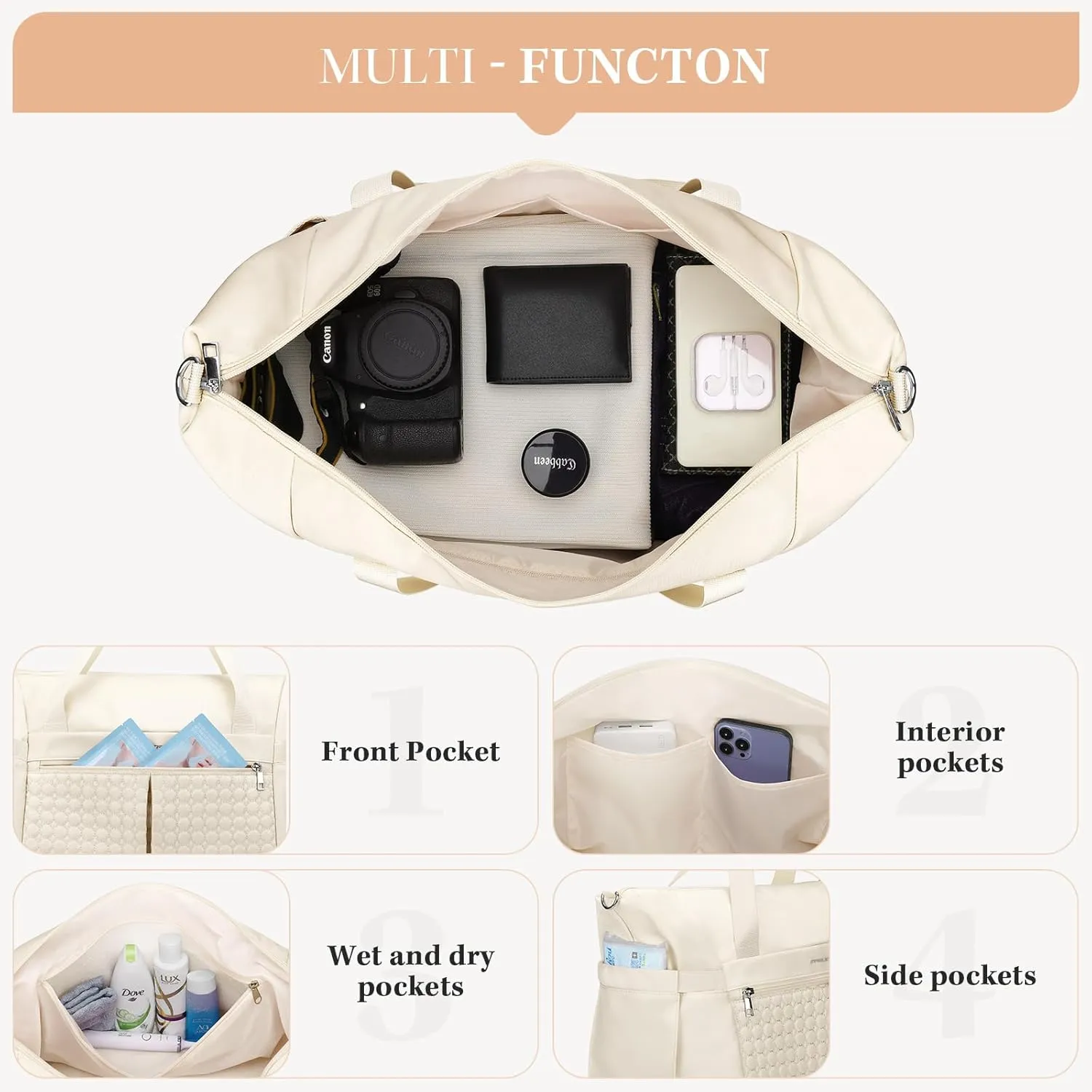 Maelstrom Gym Bag for Women,40L Travel Duffel Bag with Shoes Compartment and Wet Pocket,Waterproof Carry On Weekender Bag,Sport Gym Tote Bags Swimming Yoga, Hospital Holdalls-Beige