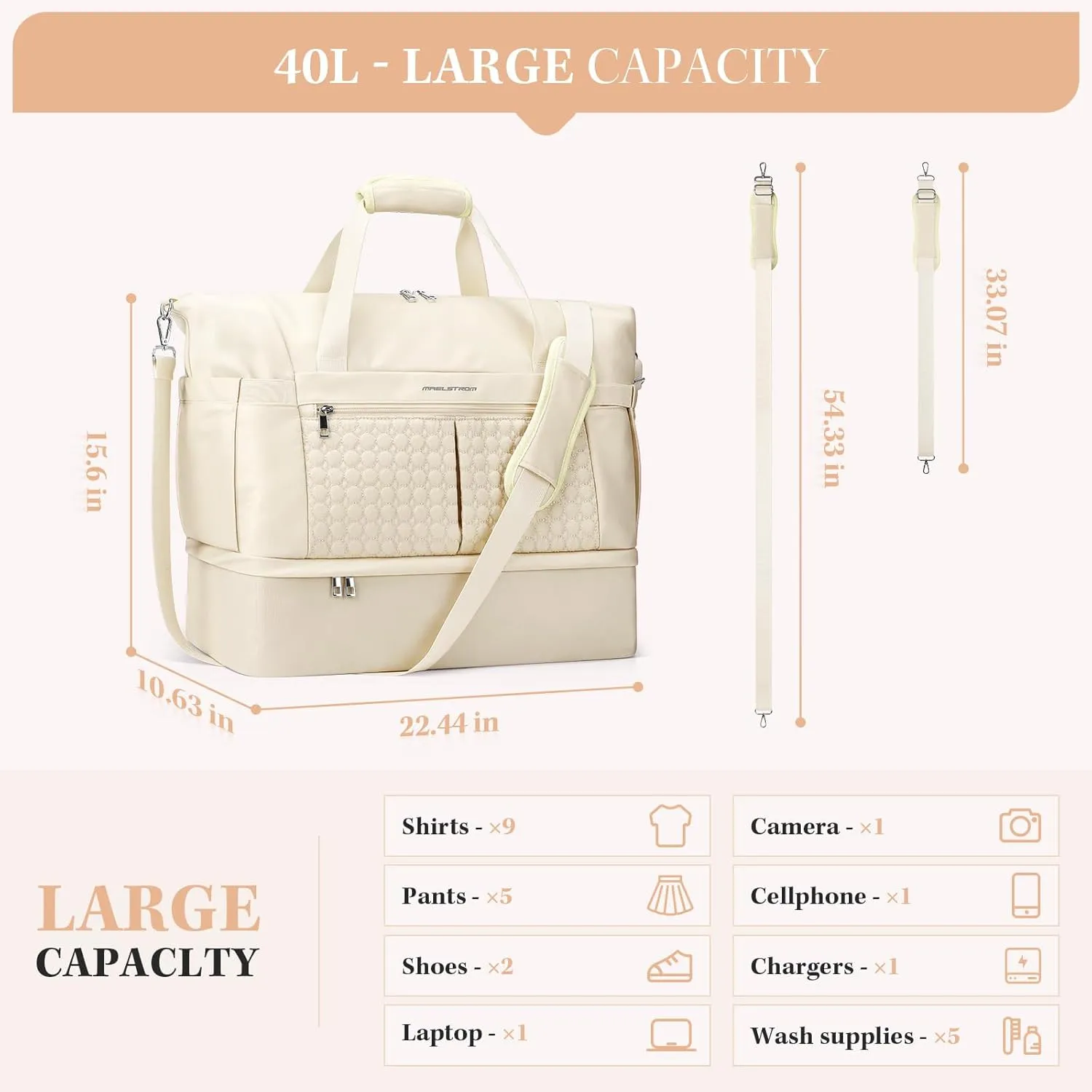 Maelstrom Gym Bag for Women,40L Travel Duffel Bag with Shoes Compartment and Wet Pocket,Waterproof Carry On Weekender Bag,Sport Gym Tote Bags Swimming Yoga, Hospital Holdalls-Beige