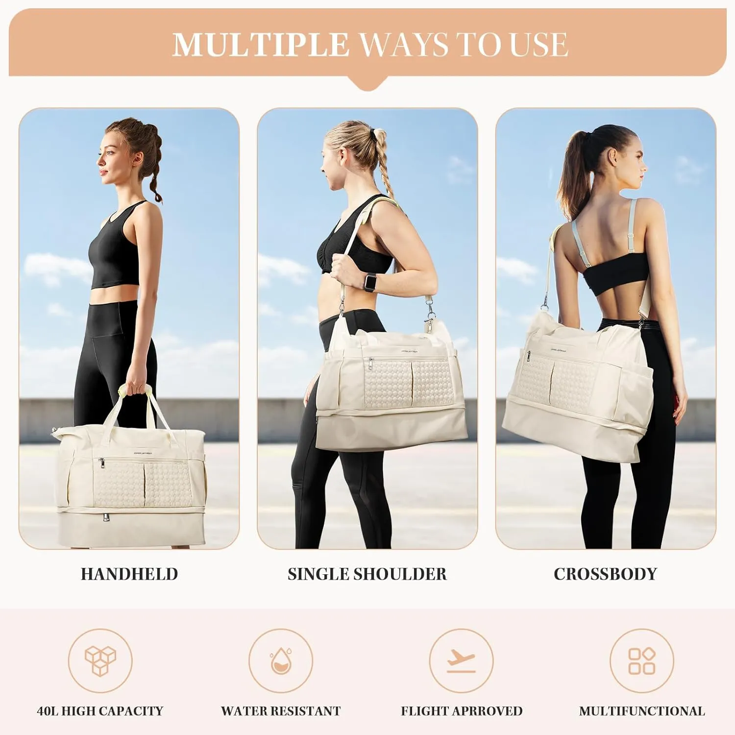 Maelstrom Gym Bag for Women,40L Travel Duffel Bag with Shoes Compartment and Wet Pocket,Waterproof Carry On Weekender Bag,Sport Gym Tote Bags Swimming Yoga, Hospital Holdalls-Beige