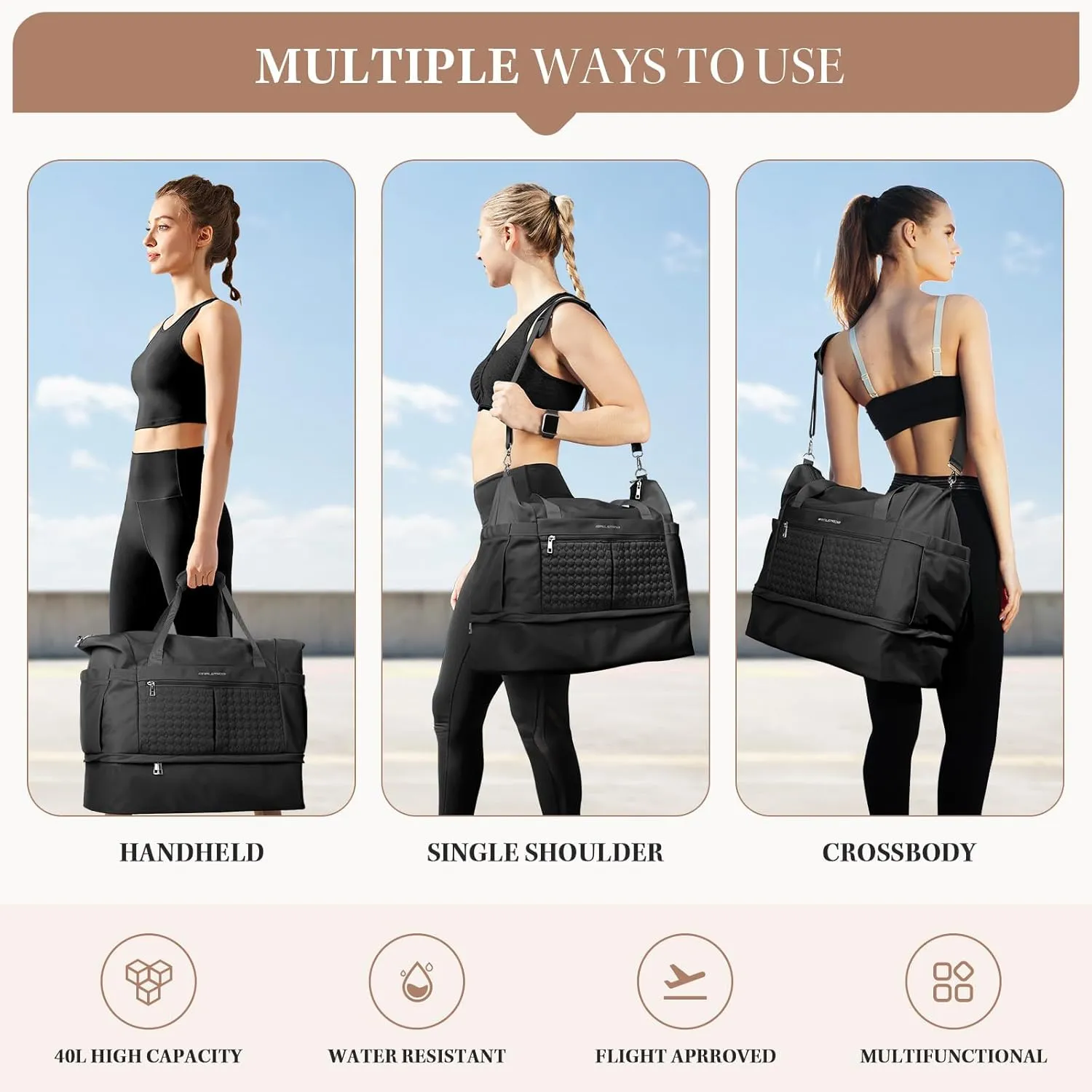 Maelstrom Gym Bag for Women,40L Travel Duffel Bag with Shoes Compartment and Wet Pocket,Waterproof Carry On Weekender Bag,Sport Gym Tote Bags Swimming Yoga, Hospital Holdalls-Black