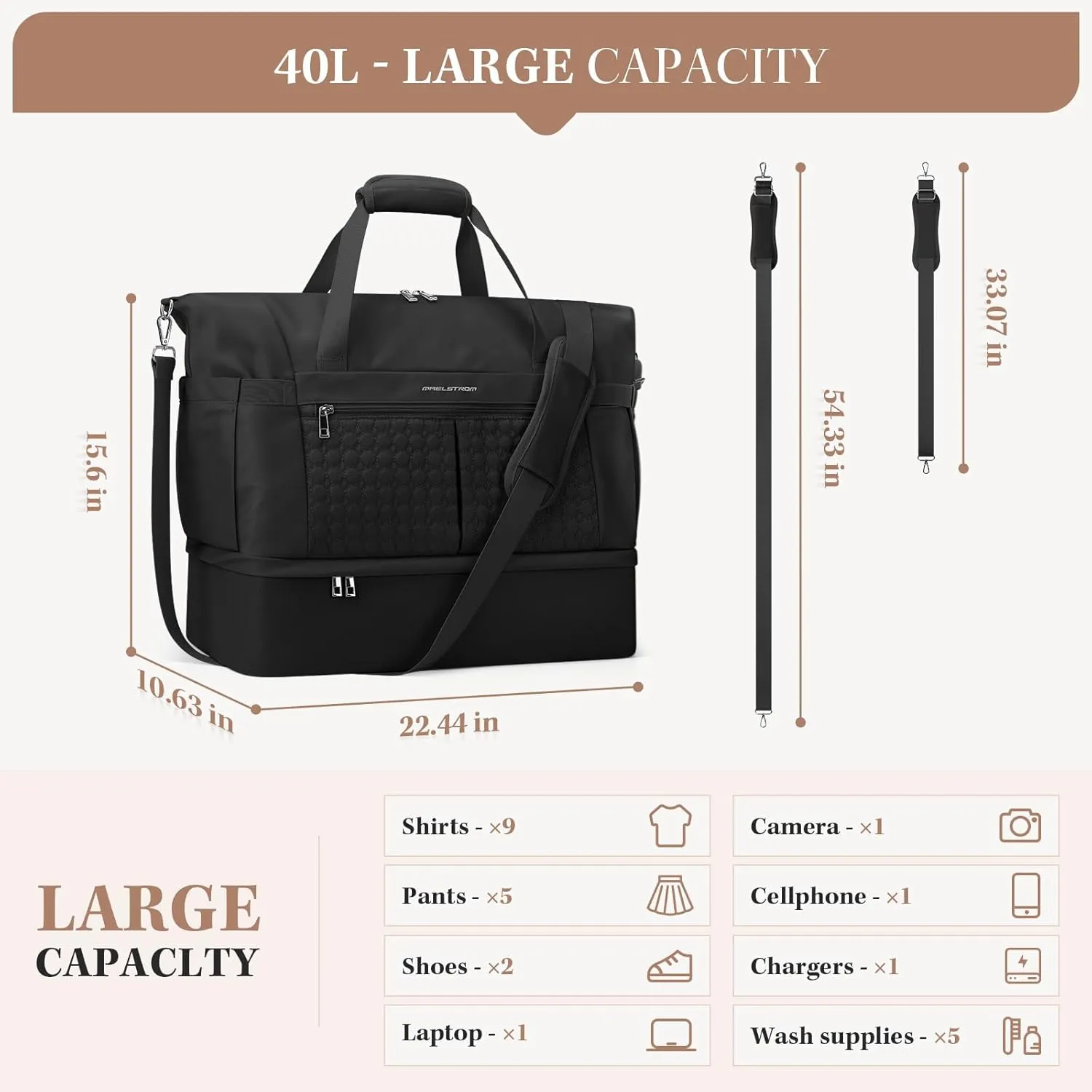 Maelstrom Gym Bag for Women,40L Travel Duffel Bag with Shoes Compartment and Wet Pocket,Waterproof Carry On Weekender Bag,Sport Gym Tote Bags Swimming Yoga, Hospital Holdalls-Black