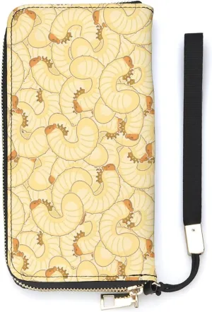 Maggot Beetle Larva Leather Hand Wallets for Women Zipped Clutch Purse with Card Slots for Women with ID Card Slot and Rope