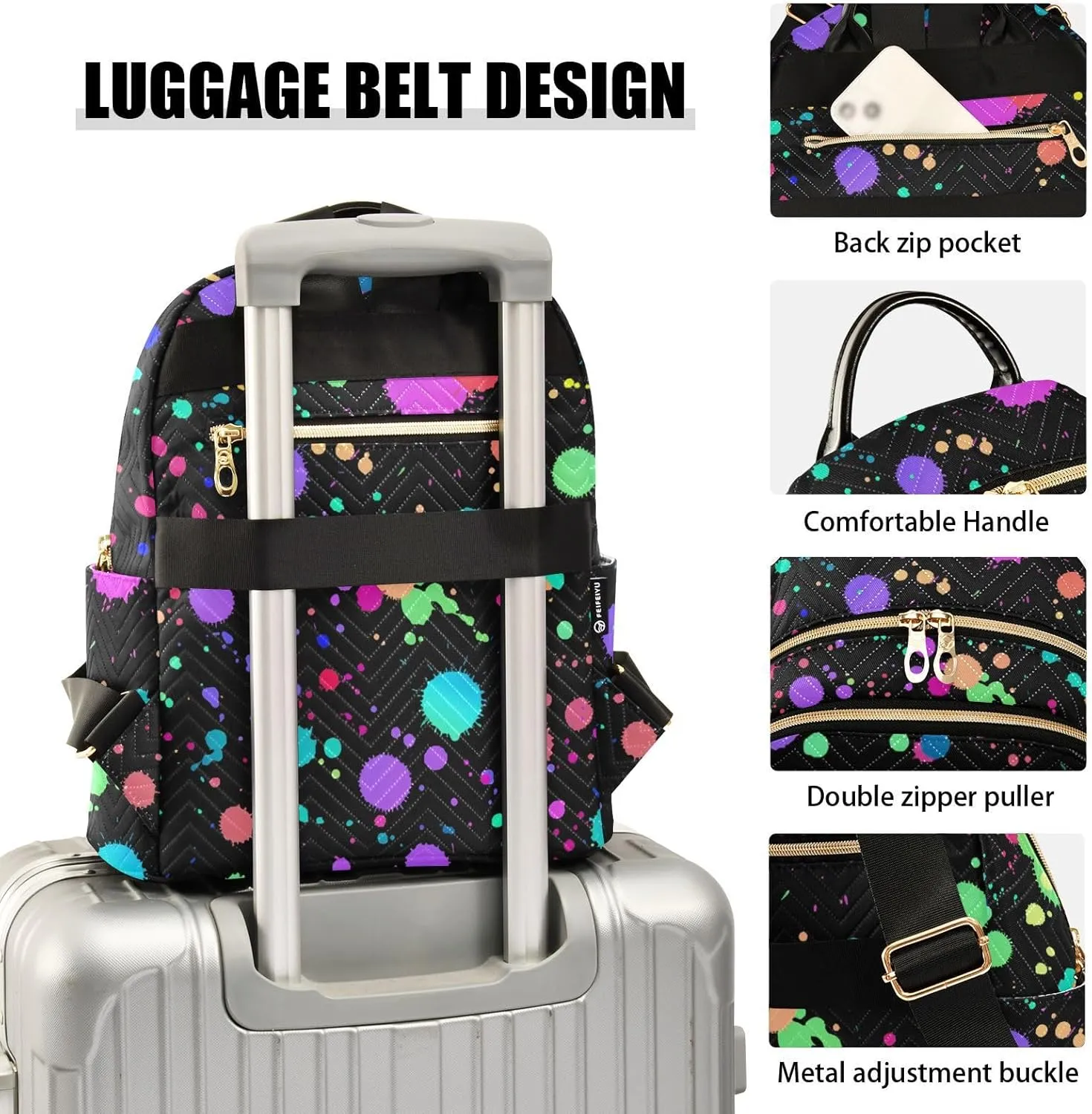 Magic Neon Splash Mini Backpack Women's Quilted Small Backpack Purse for Women College Fashion Travel Daypack Shoulder Bag