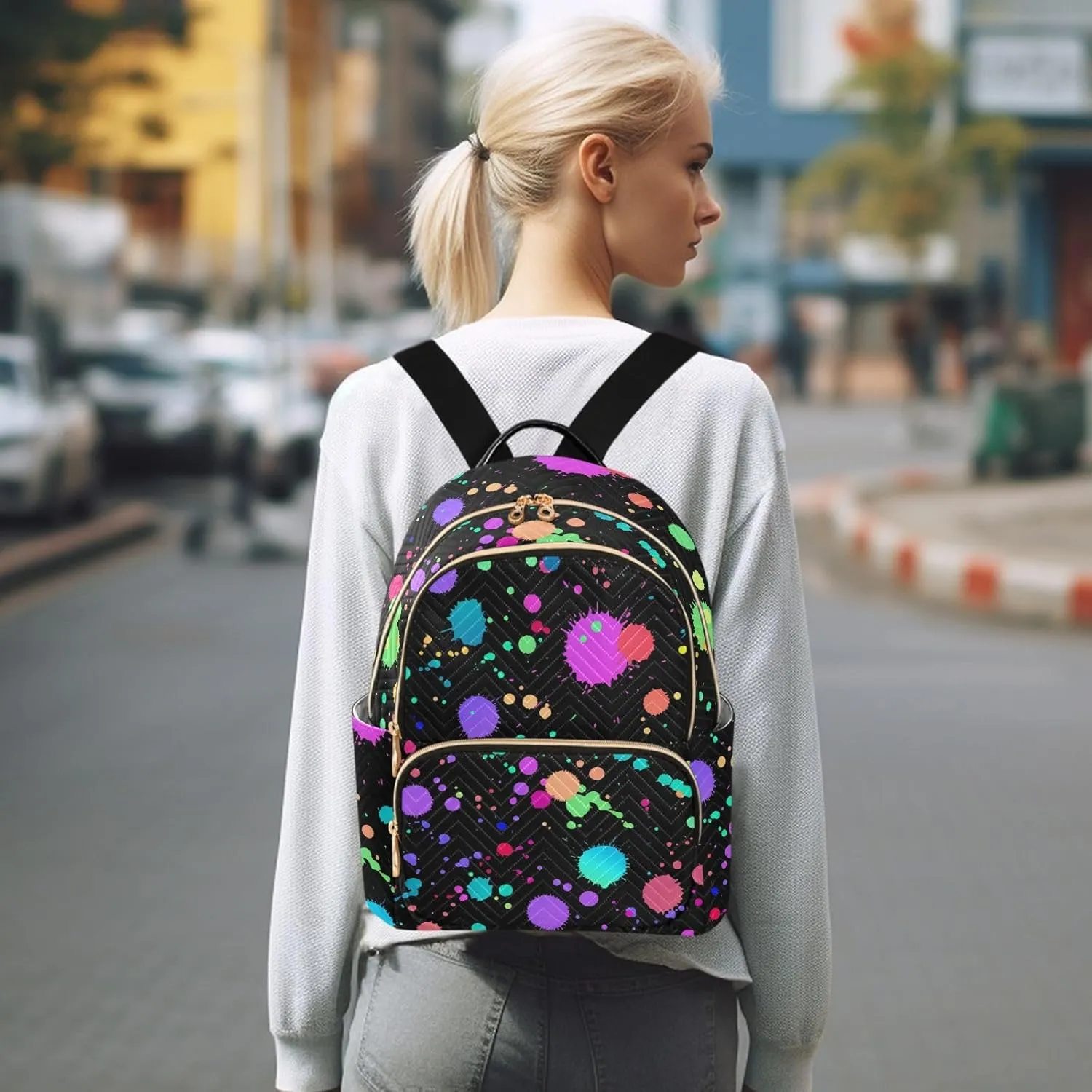 Magic Neon Splash Mini Backpack Women's Quilted Small Backpack Purse for Women College Fashion Travel Daypack Shoulder Bag