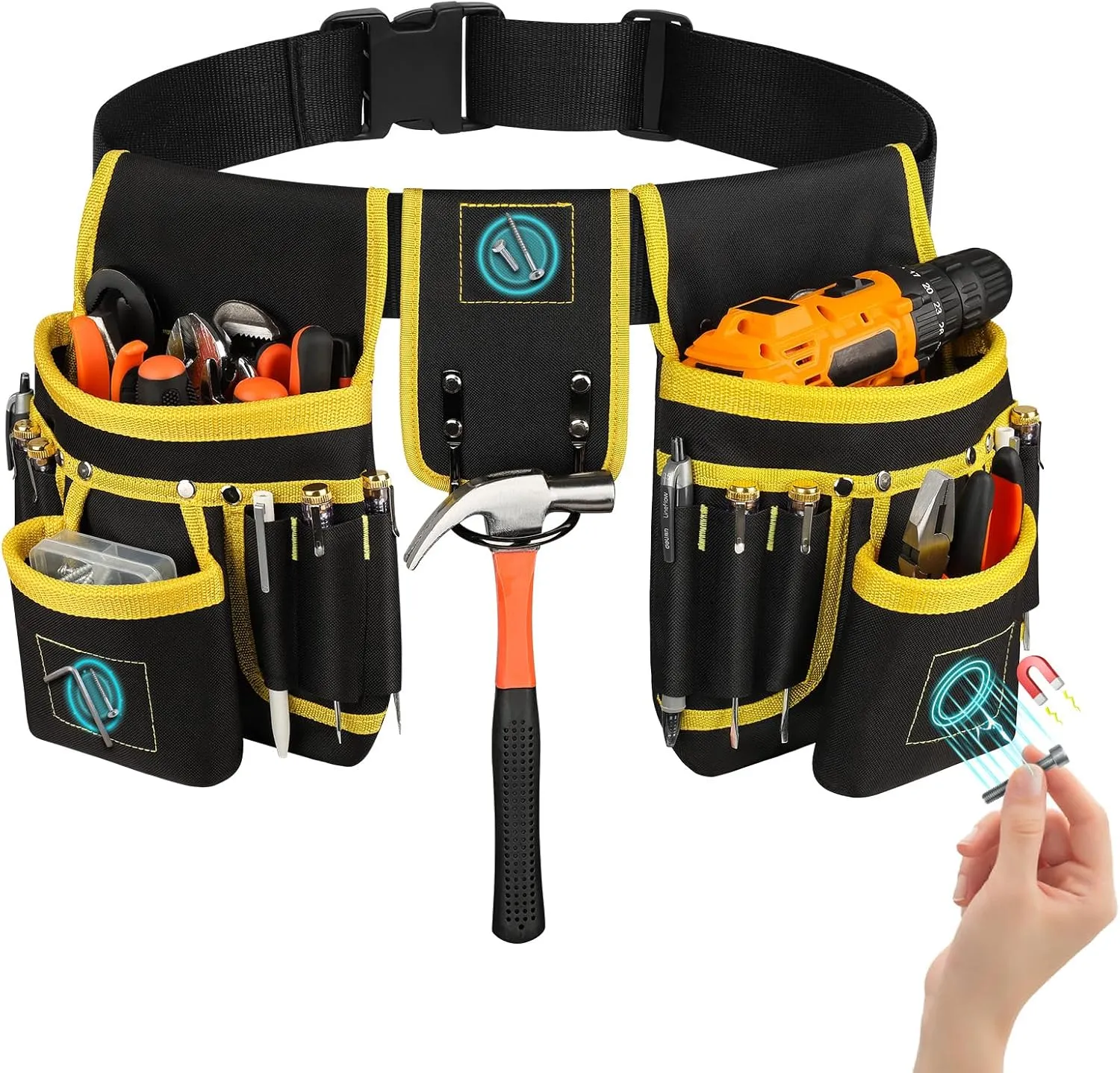 Magnetic Tool Belt for Men, 26 Pockets Heavy Duty Tool Pouch, Magnet Holster Nail Utility Toolbelt Detachable Adjustable Adult Waist Holder for Handyman Contractor Mechanic Plumber Roofer Dad Gift