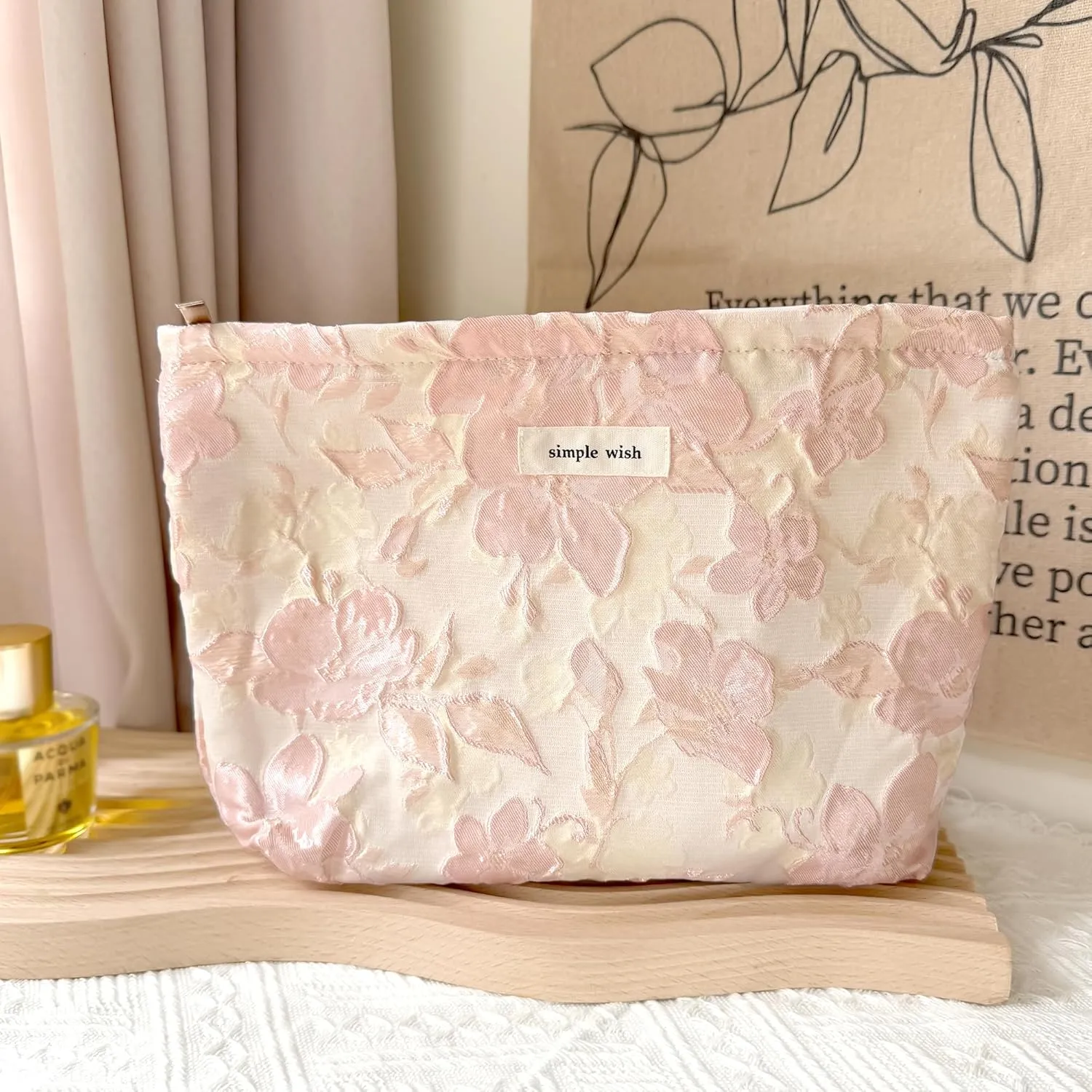 Makeup Bag Cosmetic bag Preppy Canvas Embroidery Toiletry Bag for women Cute zipper pouch Organizer Travel accessories (01-Pink Embossed, Large)