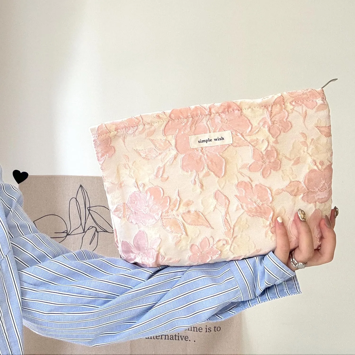 Makeup Bag Cosmetic bag Preppy Canvas Embroidery Toiletry Bag for women Cute zipper pouch Organizer Travel accessories (01-Pink Embossed, Large)