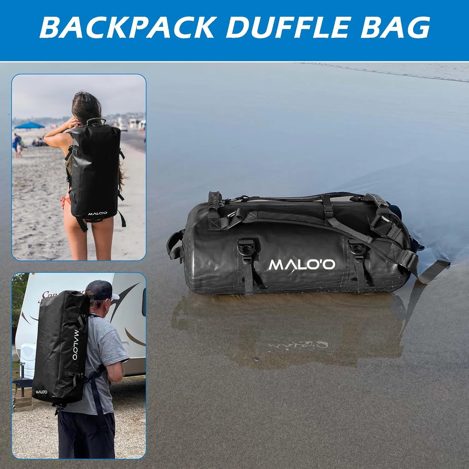 Malo'o Airtight Waterproof Adventure Duffle - Ideal for Kayaking, Camping, Beach, Fishing, Boating, Hiking - Water-Tight Zipper