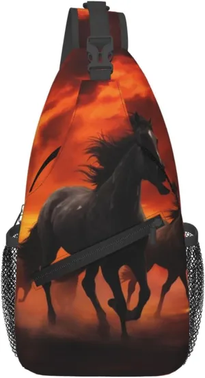 Man's Cross Chest Bag Diagonally Sling Backpack Shoulder Bag Horses Red Glowing Clouds Sling Bag for Women Hiking Daypack