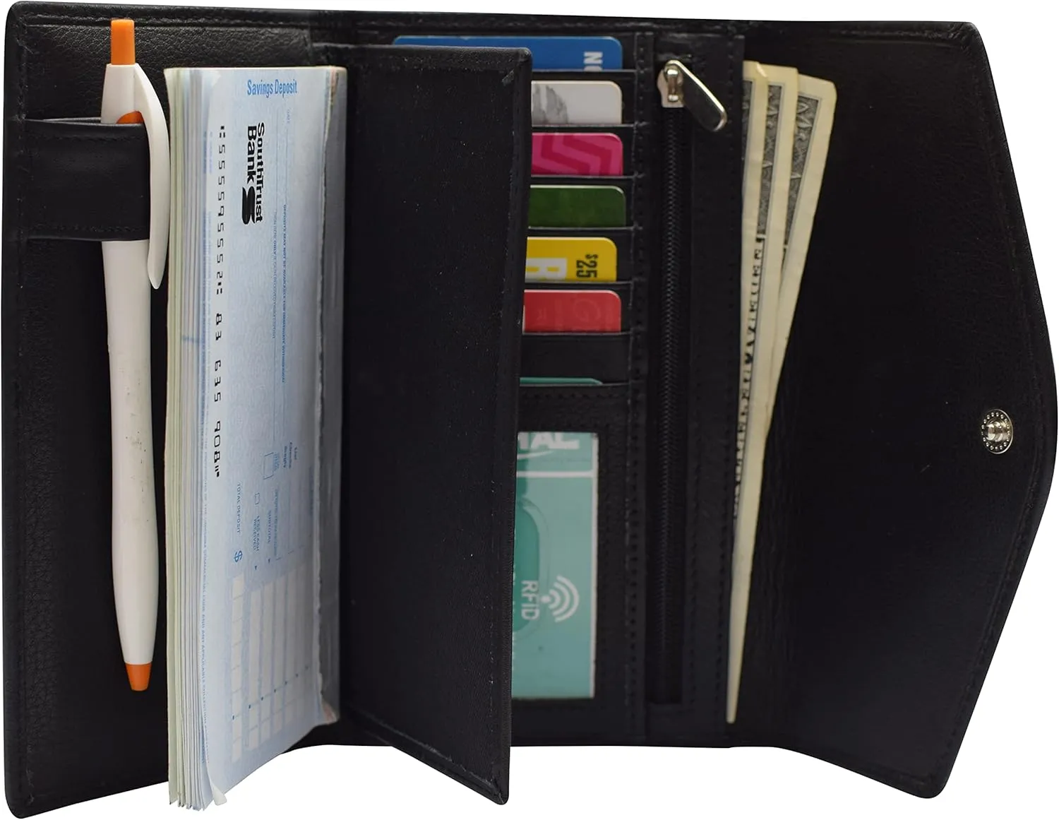 MARSHAL RFID Genuine Leather Women's Slim Flap Wallet Clutch Organizer (Black)