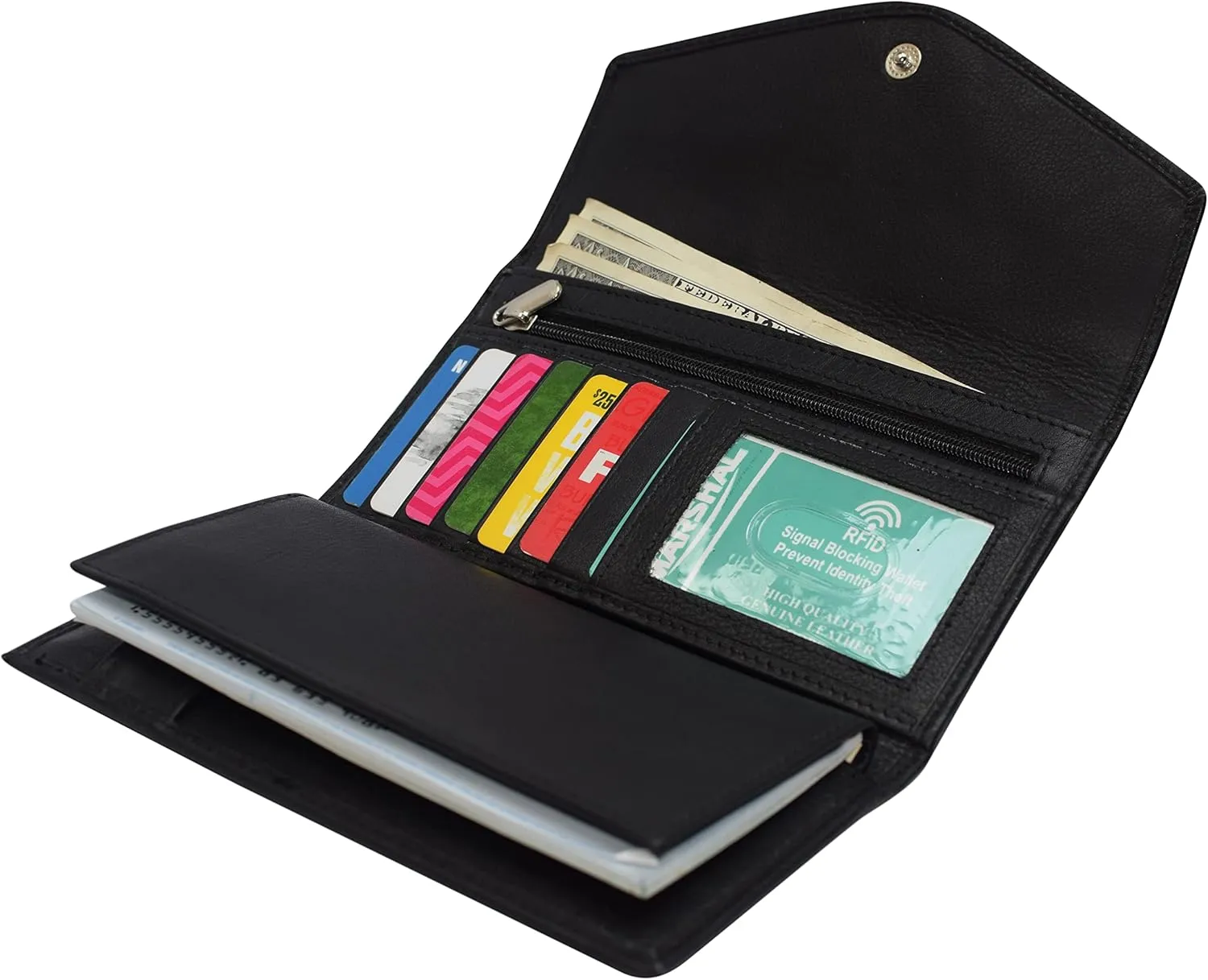 MARSHAL RFID Genuine Leather Women's Slim Flap Wallet Clutch Organizer (Black)