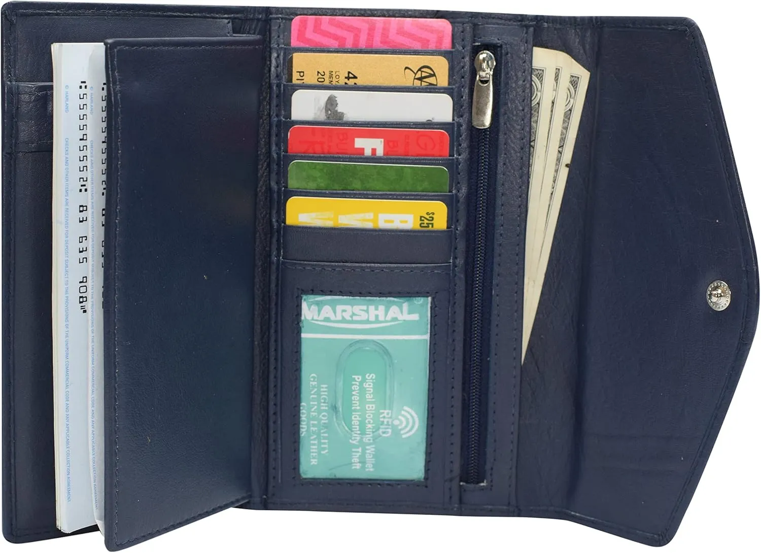 MARSHAL RFID Genuine Leather Women's Slim Flap Wallet Clutch Organizer (Blue)