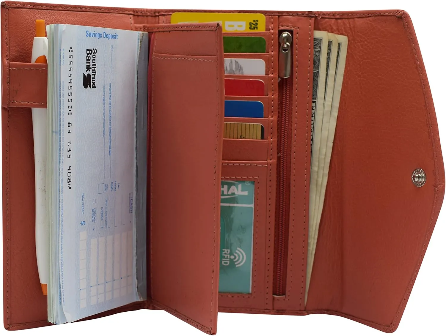 MARSHAL RFID Genuine Leather Women's Slim Flap Wallet Clutch Organizer (Orange)