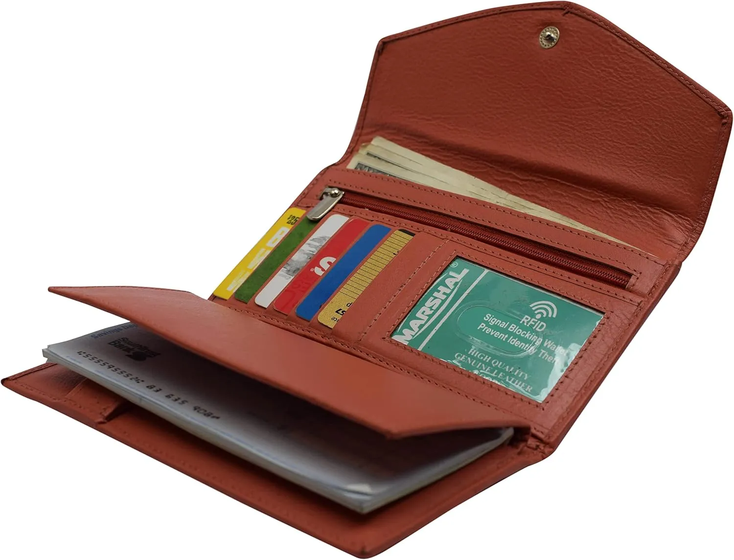 MARSHAL RFID Genuine Leather Women's Slim Flap Wallet Clutch Organizer (Orange)