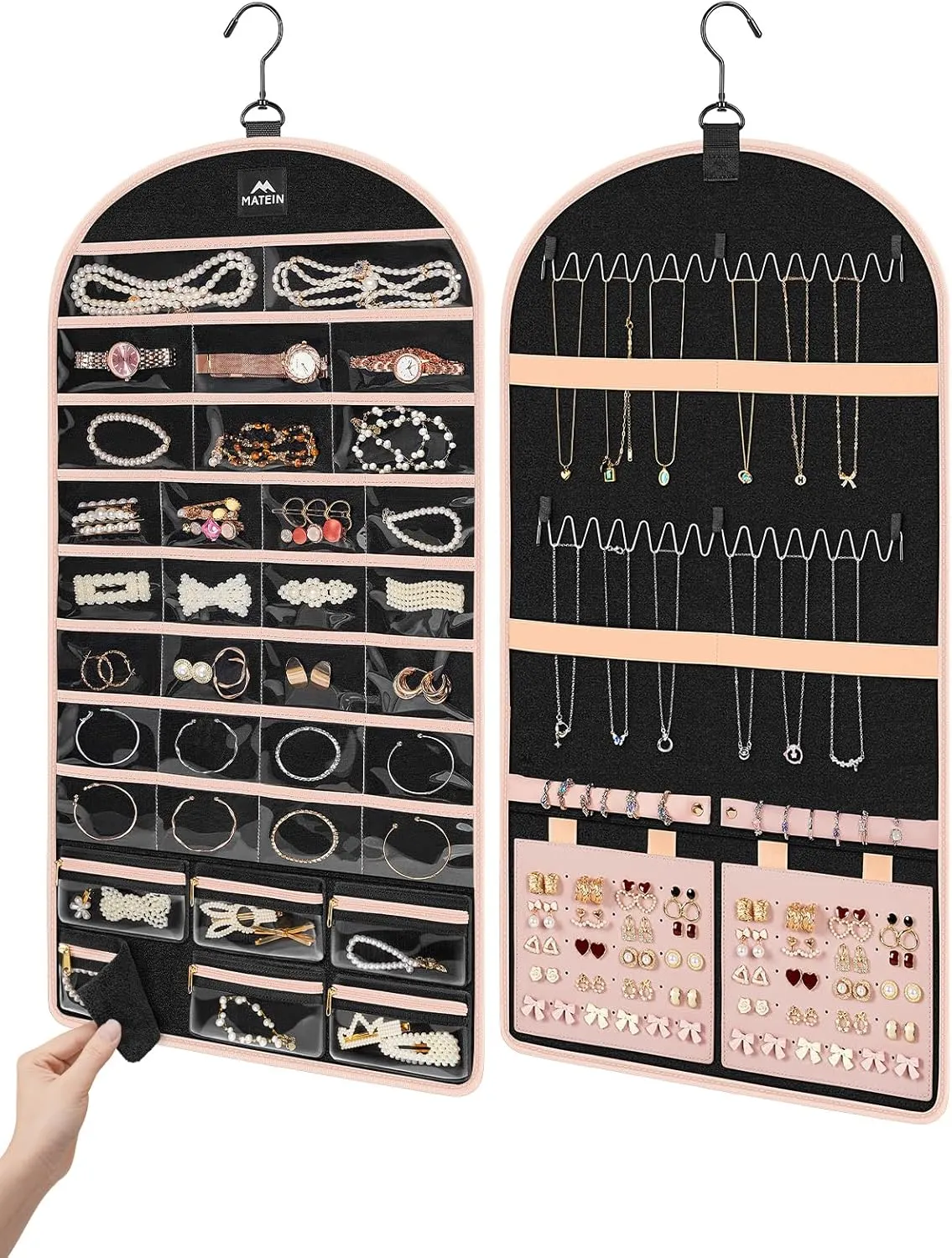 MATEIN Hanging Jewelry Organizers and Storage Bag, Tangle Free Necklace Holder with Detachable Zipper Jewelry Pouch, Large Wall Mount Earring Display Case for Ring, Mother's Day Gifts, Pink-Black