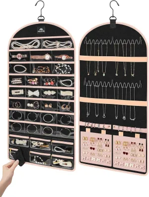 MATEIN Hanging Jewelry Organizers and Storage Bag, Tangle Free Necklace Holder with Detachable Zipper Jewelry Pouch, Large Wall Mount Earring Display Case for Ring, Mother's Day Gifts, Pink-Black