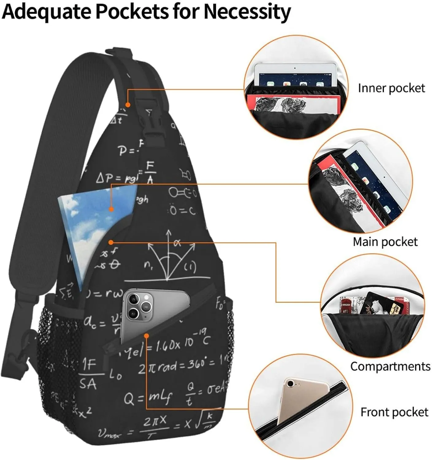 Math Science Formula Equation Sling Bag for Women Men Crossbody Sling Backpack Travel Hiking Daypack Chest Shoulder Bag with Adjustable Strap