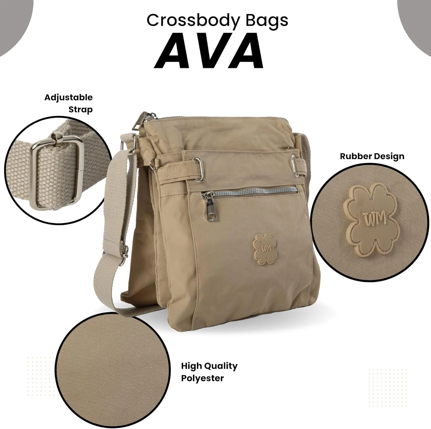 Medium Size Lightweight Fabric Multi Zip Compartment's Womens Messenger Crossbody Shoulder Bag - Ava