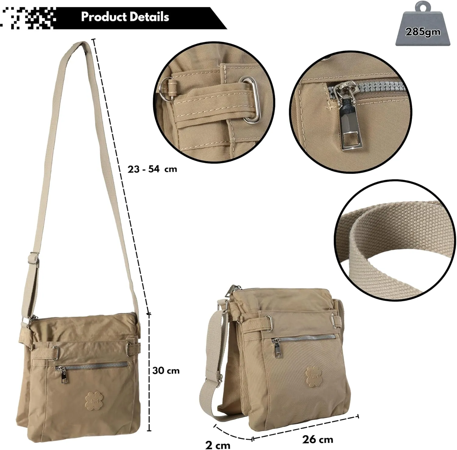 Medium Size Lightweight Fabric Multi Zip Compartment's Womens Messenger Crossbody Shoulder Bag - Ava