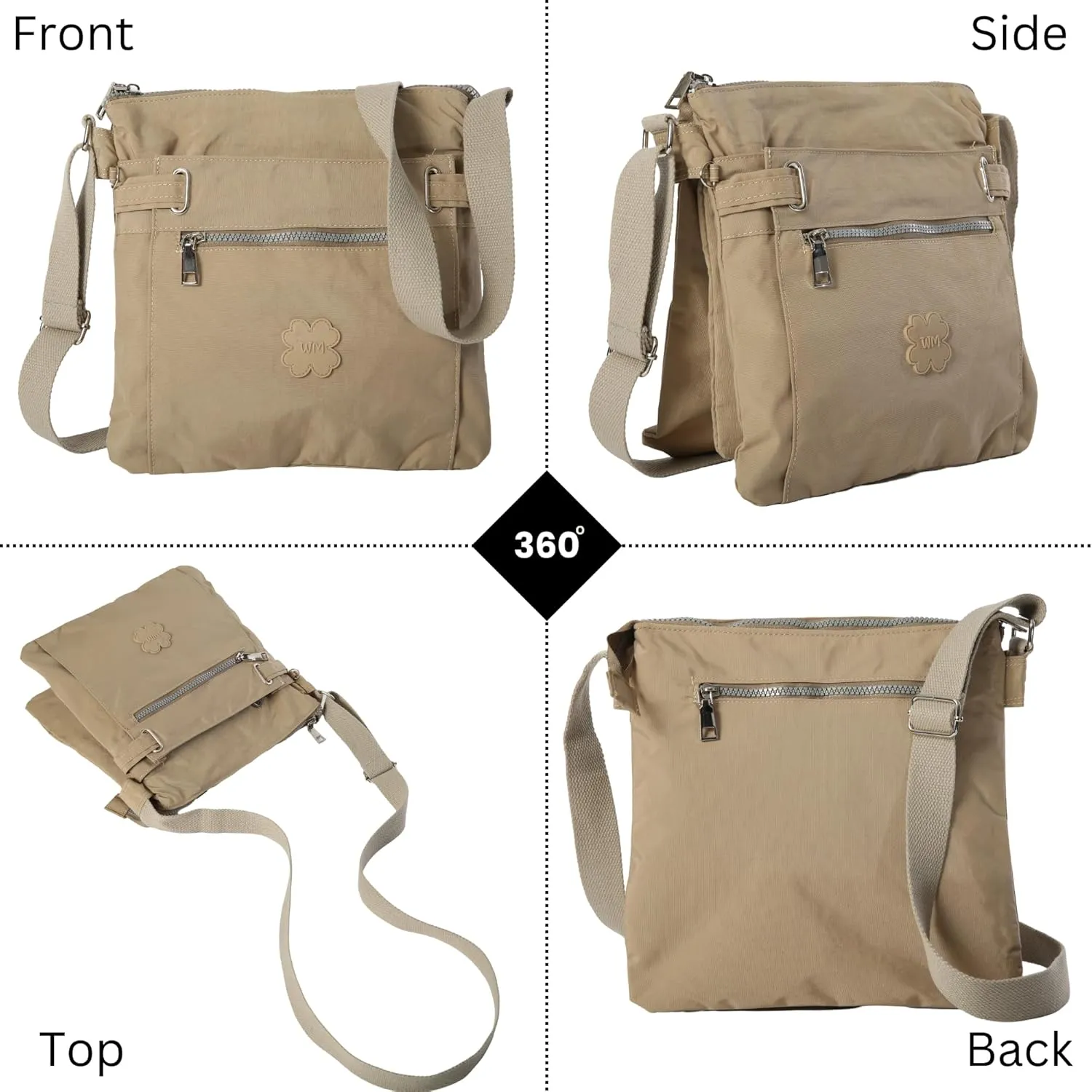 Medium Size Lightweight Fabric Multi Zip Compartment's Womens Messenger Crossbody Shoulder Bag - Ava