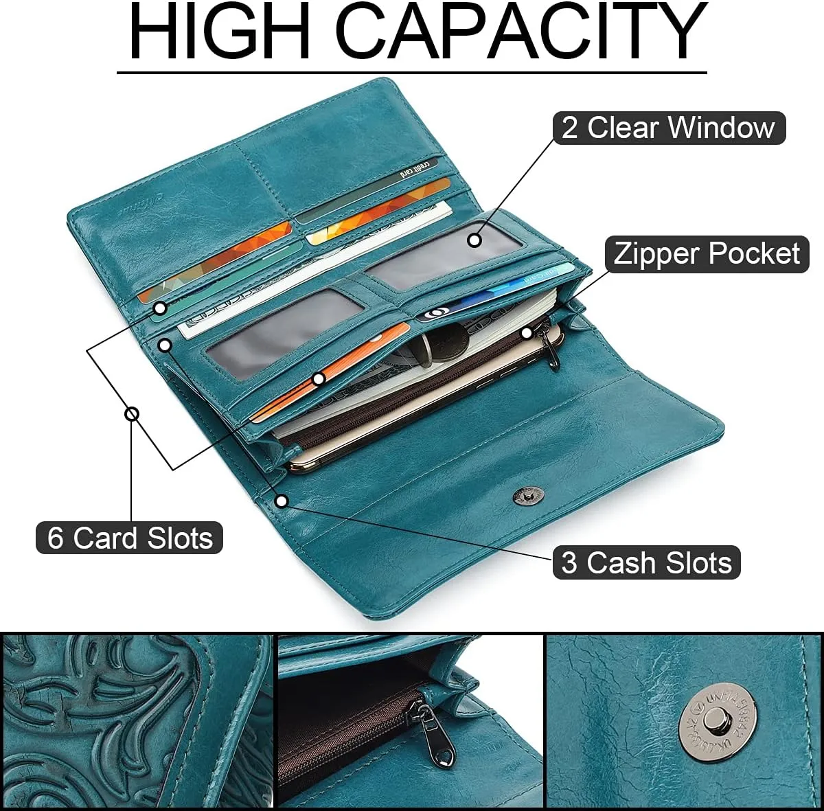 MEITRUE Women's Wallet Leather RFID Blocking Trifold Ladies Purse Embossed long Clutch Card Holder Phone Checkbook Organizer