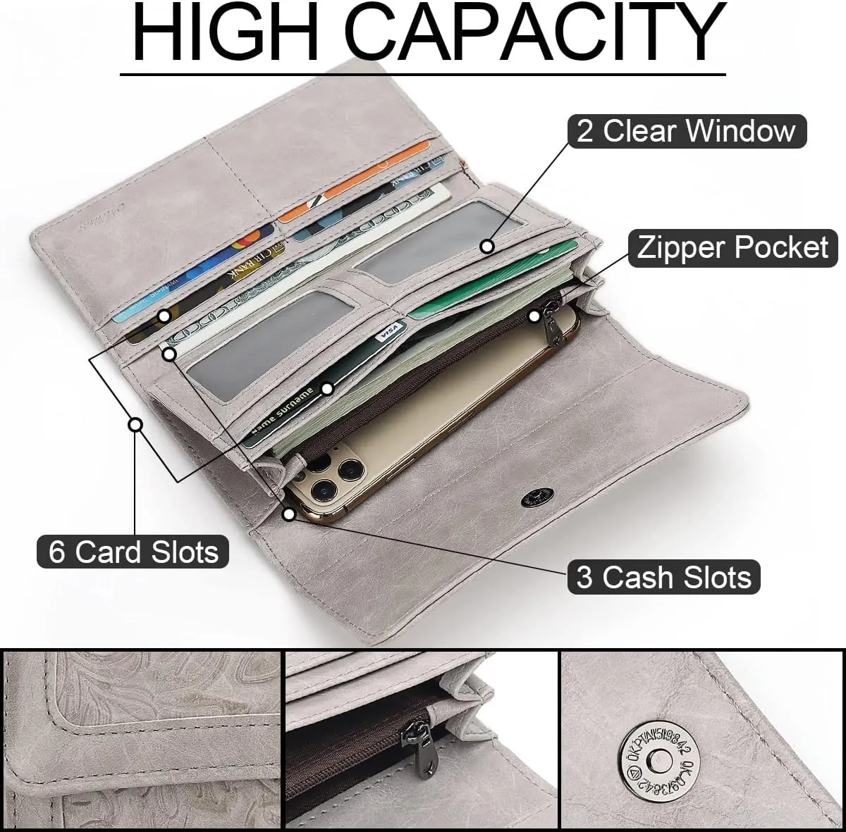 MEITRUE Women's Wallet Leather RFID Blocking Trifold Ladies Purse Embossed long Clutch Card Holder Phone Checkbook Organizer